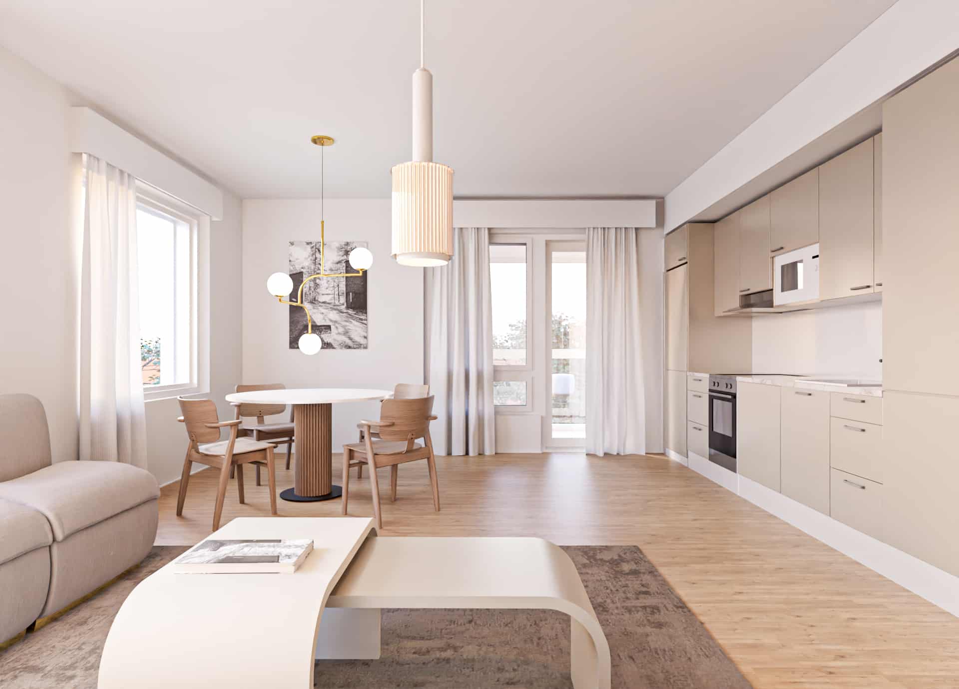 Havainnekuva esimerkkiasunnon sisätiloista.