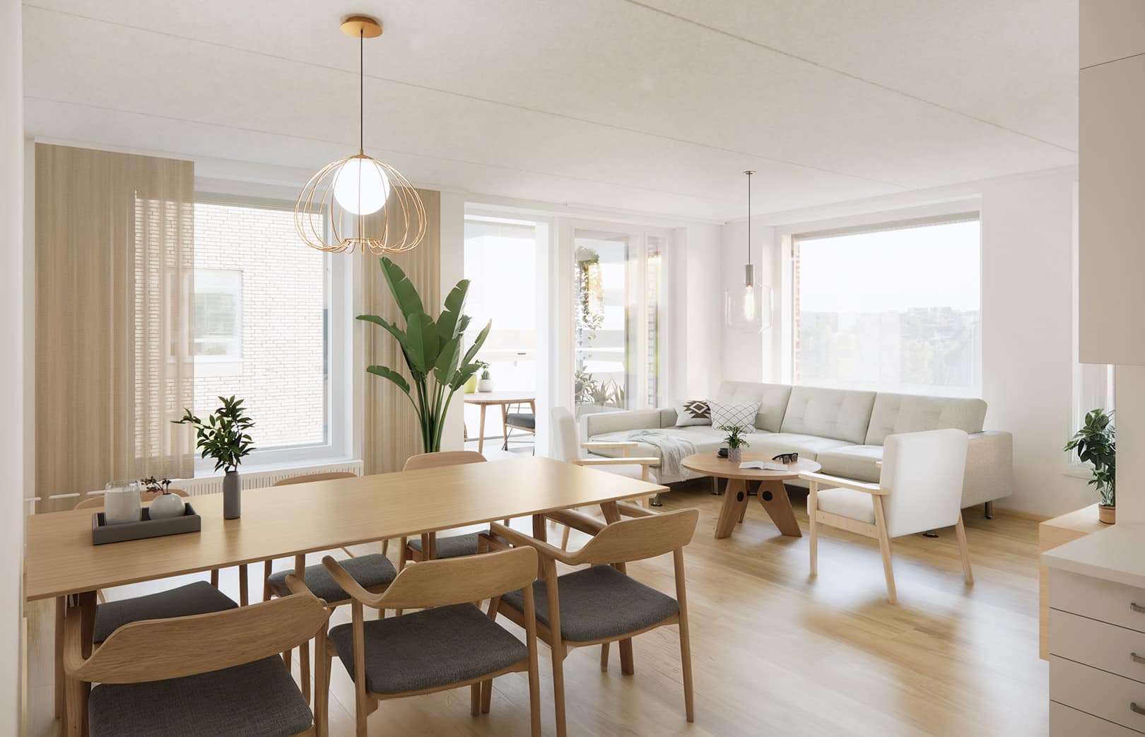 Luoteisrinne 5 havainnekuva sisältä. Valoisa kaksio.